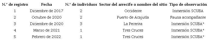 Observaciones de Pentaceraster cumingi en la costa pac&iacute;fica salvadore&ntilde;a. *Observaciones realizadas por las autoras