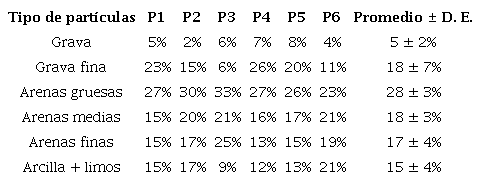 Promedio y porcentaje del tipo de partícula encontrado en cada parcela establecida en el manglar de Mata de Limón, Puntarenas, Costa Rica (D. E.: desviación