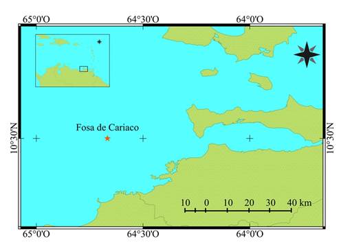 Ubicación geográfica de la estación de muestreo en la fosa de Cariaco, Venezuela. Con el símbolo ( ) se indica la estación