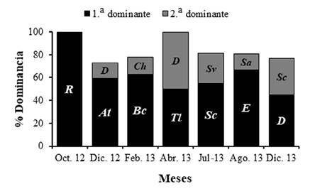 Variación mensual del índice de dominancia numérica, en aguas superficiales de la fosa de Cariaco, estado Sucre, Venezuela. (A = Acyrtops sp., At = Auxis thazard, Bc = Bregmaceros cantori, Tl = Trachurus lathami, Sc = Selar crumenophthalmus, E = Eucinostomus sp., D = Diaphus sp., Ch = Caranx hippos, Sv =Selene vómer, Sa = Sardinella aurita)