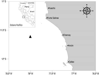 Zona de captura de Engraulis ringens parasitado por Nerocila acuminata (tri�ngulo negro) en el Per�, abril 2024