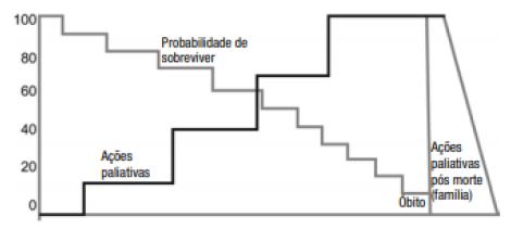 Representa&ccedil;&atilde;o ilustrativa das a&ccedil;&otilde;es paliativas relacionadas ao progn&oacute;stico da doen&ccedil;a at&eacute; o momento p&oacute;s &oacute;bito