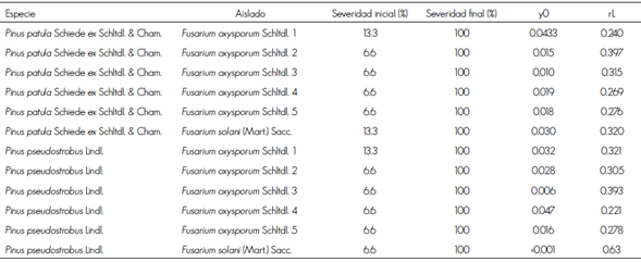 Ajuste de modelo log&iacute;stico del progreso de la severidad de cinco aislados de Fusarium oxysporum Schltdl. y un aislado de Fusarium solani (Mart.) Sacc. inoculados en pl&aacute;ntulas de Pinus patula Schiede ex Schltdl. & Cham. y Pinus pseudostrobus Lindl.