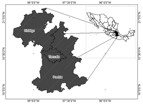 Área de estudio: estados de Hidalgo, Puebla y Tlaxcala.