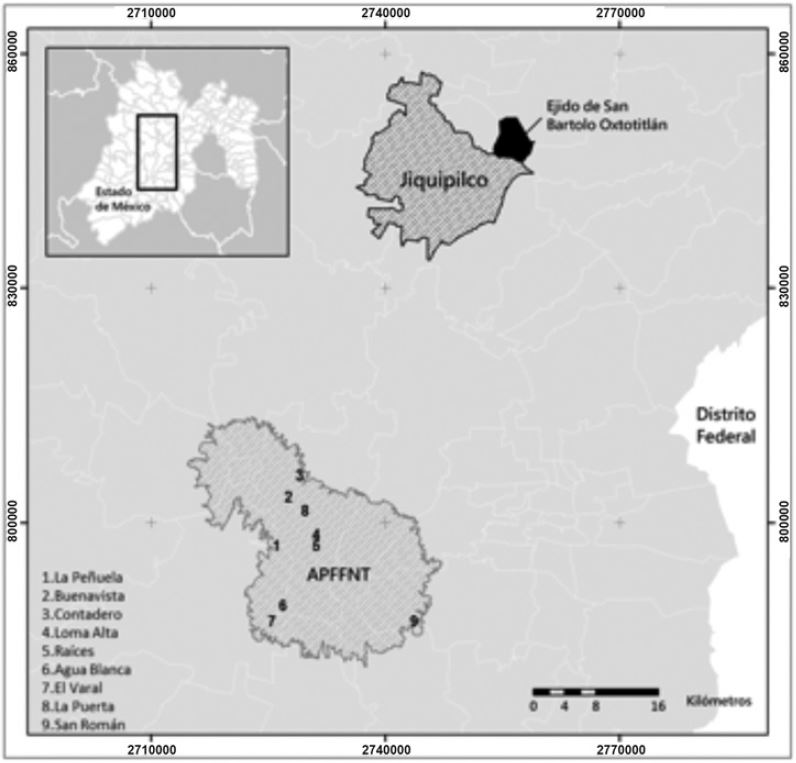 Ubicaci&oacute;n del &Aacute;rea de Protecci&oacute;n de Flora y Fauna Nevado de Toluca y del municipio de Jiquipilco. 