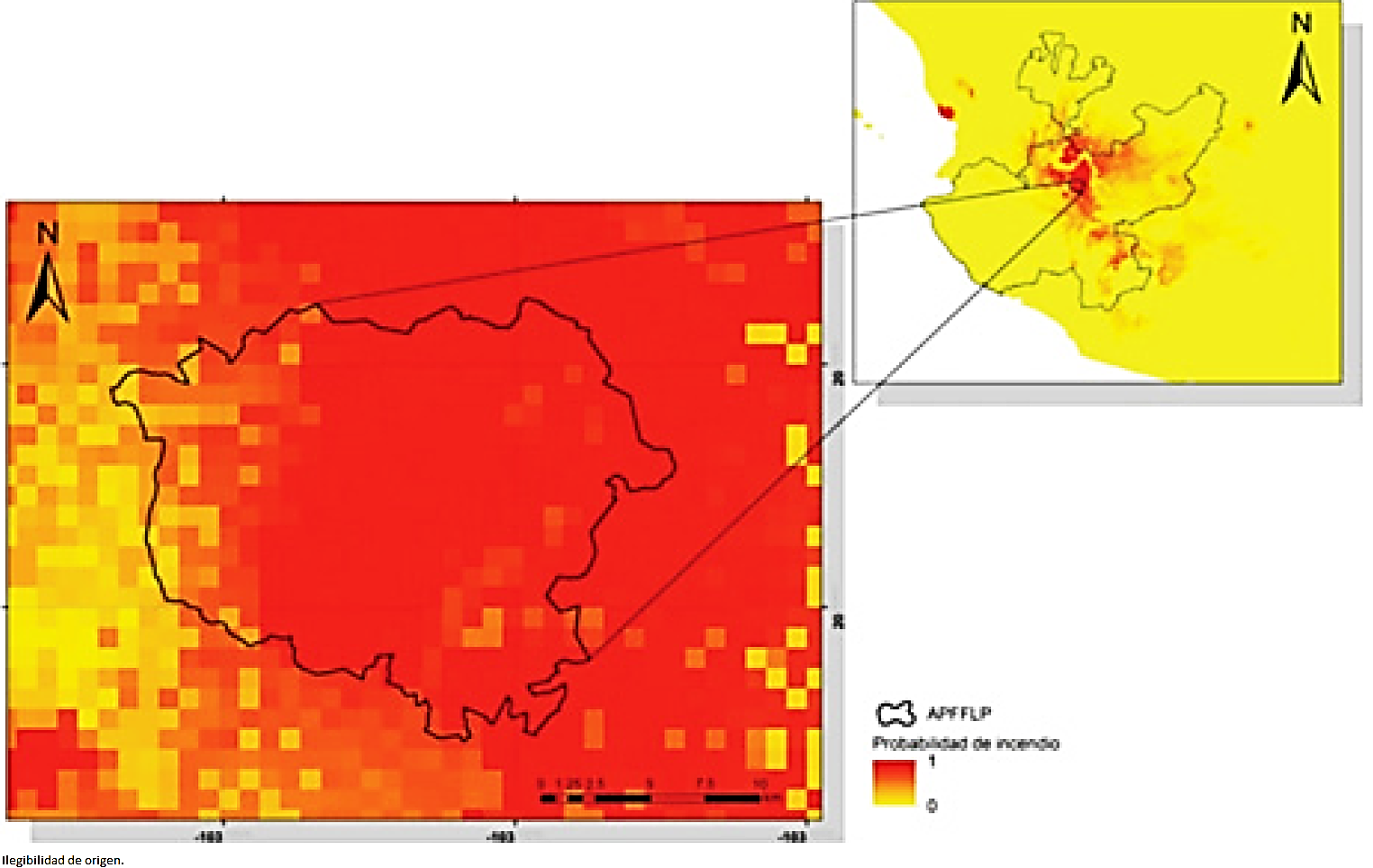 &Aacute;rea potencial de incendios para el a&ntilde;o 2050, seg&uacute;n lo predicho por elmodelo espacial generado.