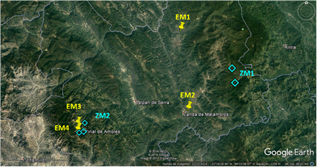 Ubicación de las estaciones meteorológicas (EM) y zonas de monitoreo (ZM) en los municipios Pinal de Amoles y Landa de Matamoros, Querétaro.