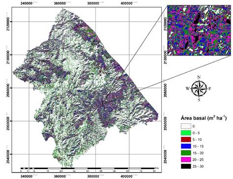 Distribuci&oacute;n espacial del &aacute;rea basal estimada con el modelo 1.
