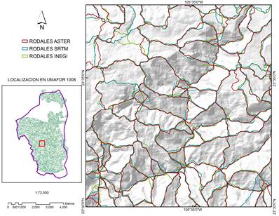 Rodales generados a partir de los MDE ASTER, SRTM e Inegi mediante el m&eacute;todo semiautomatizado.