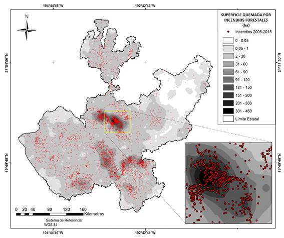 Distribución espacial de la superficie (ha) promedio quemada por incendios forestales, en un área de 100 km2, en Jalisco.