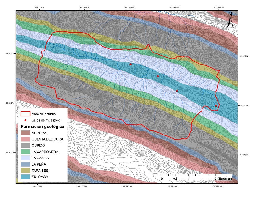 Formaciones geol&oacute;gicas en el &aacute;rea de estudio y sitios de muestreo.