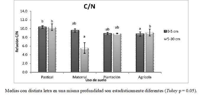 Valores medios de la relación C/N en las profundidades 0-5 y 5-30 cm para los cuatro usos de suelo.
