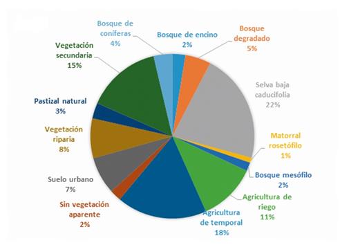 Porcentajes de cada una de las categor&iacute;as de uso de suelo del 2000 en el estado de Morelos.