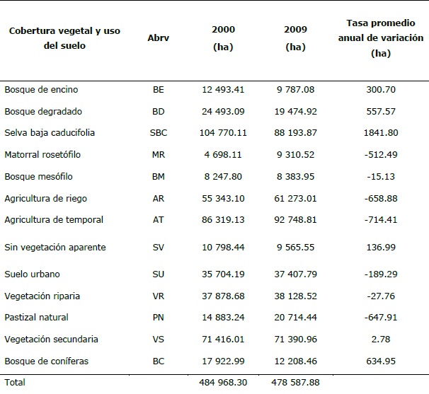 Superficie por clase de cobertura vegetal y uso del suelo en hect&aacute;reas (ha).