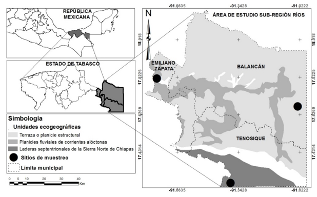 Unidades ecogeogr&aacute;ficas (UE) y sitios de muestreo en la subregi&oacute;n R&iacute;os; Laderas Septentrionales de la Sierra Norte de Chiapas (LSSNCh) en el municipio Tenosique, Terrazas (T) en el municipio Balanc&aacute;n y Planicies Fluviales de Corrientes Al&oacute;ctonas (PFCA) en el municipio Emiliano Zapata, de Tabasco, M&eacute;xico.