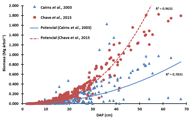 Regresiones no lineales entre DAP y biomasa viva estimada con dos ecuaciones alom&eacute;tricas. 