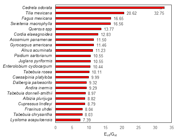 Raz&oacute;n entre el m&oacute;dulo de elasticidad y el m&oacute;dulo de rigidez (Evt/Gvt).