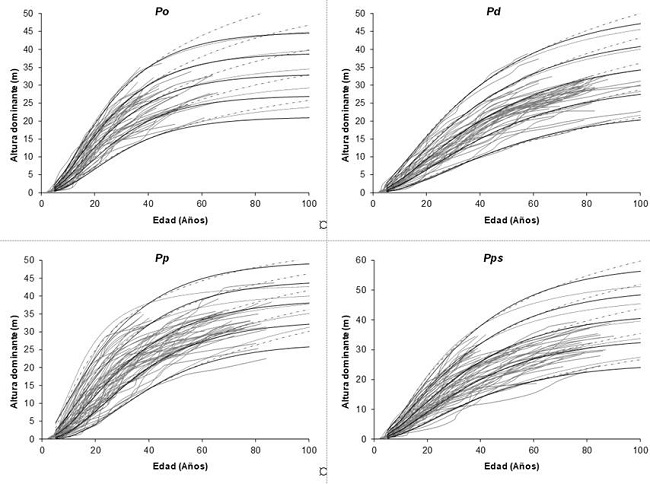 Sobreposición de las curvas de IS generadas con los modelos de Korf (línea discontinua), Hosffeld (línea punteada) y Bertalanffy-Richards (línea continua).