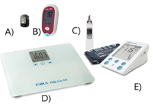 Figura 1. Fotografía de los dispositivos digitales del sistema FORA® entregados para telemonitorización de signos vitales. A) Oxímetro de pulso, B) Glucómetro, C) Termómetro, D) Esfigmomanómetro, E) Báscula