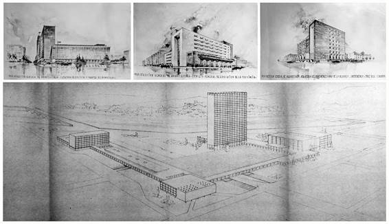 Nueva Central de Polic&iacute;a y Bomberos, Consejo Provincial de Educaci&oacute;n y Banco de Pr&eacute;stamos de la Provincia. Abajo: Proyecto ganador del concurso del Centro Administrativo de Lange, R&eacute;bora, Morchio, Souber&aacute;n y Bonet.