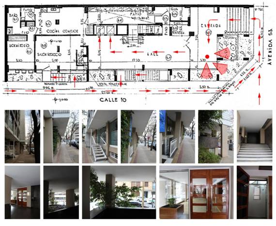 Recorrido para el ingreso en el edificio de viviendas de avenida 53 y calle 10 del arq. Carlos E. Lenci, 1966