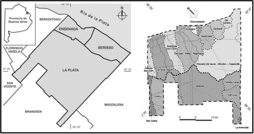Plano del partido de La Plata y partidos aledaos y sistema de cuencas del partido