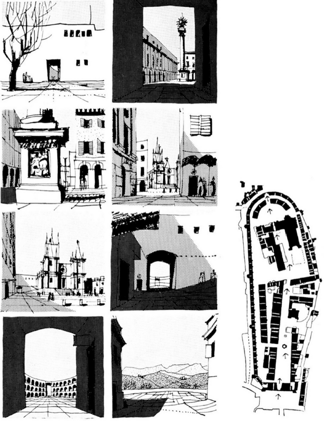 Secuencia de ocho croquis de un recorrido referenciados en la planta mediante flechas. Autor: Gordon Cullen.