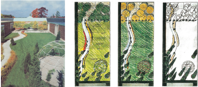 Fotograf�a y plantas de tres estadios temporales (verano, oto�o e invierno) que representan los cambios fenol�gicos en el proyecto paisaj�stico de uno de los patios del colegio Thomas Prince (Massachusetts, Estados Unidos). Proyectista: Stephen Stimson.