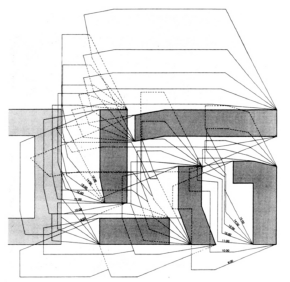 Diagrama que ilustra las sombras arrojadas por los edificios a lo largo de una jornada (9.00 a 15.00 hs.). Proyecto: Complejo residencial Makuhari. Autor: Steven Holl.