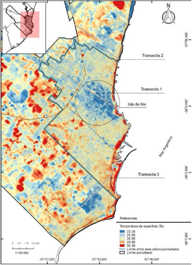 Distribuci�n espacial de la Temperatura de superficie en la ciudad de Mar del Plata.