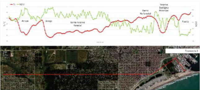 Valores de Ts y NDVI para la Transecta 3