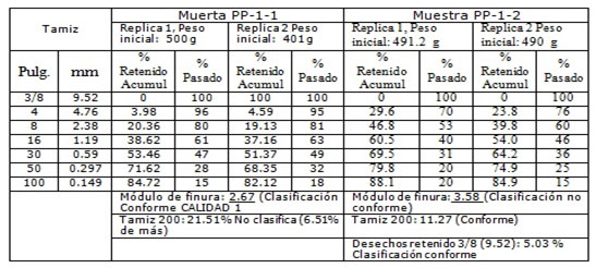 Tabla 1. Resultados de los ensayos granulom&eacute;tricos realizados en el laboratorio a la muestra corrida en la Planta Piloto.