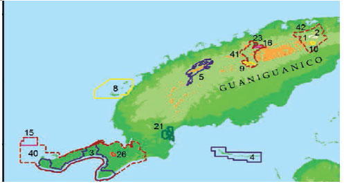 Figura 1. �reas protegidas de Pinar del R�o. Leyenda: 1* Reserva natural El Mulo, 2* Reserva natural Las Peladas, 3* Parque Nacional Guanahacabibes, 4* Parque Nacional Cayos San Felipe, 5* Parque Nacional Vi�ales, 8* Reserva ecol�gica Los Pretiles, 9* Reserva ecol�gica Sierra de la Guira, 10* Reserva ecol�gica El Sal�n, 15* Elemento natural destacado Banco de San Antonio, 16* Elemento natural destacado Pan de Guajaib�n, 21* Reserva flor�stica  manejada San Ubaldo-Sabanalamar, 23* Reserva flor�stica manejada San Marcos, 26* Refugio de fauna Ci�naga de Lugones, 40* �rea protegida de recursos manejados Pen�nsula de Guanahacabibes, 41* �rea protegida de recursos manejados Mil Cumbres, 42* �rea protegida de recursos manejados Reserva de la Biosfera Sierra del Rosario.