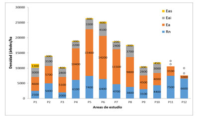 Figura 3. Comportamiento de la densidad en la estratificación del bosque en las áreas de estudio. Leyenda: Eas- Estrato arbórero superior; Eai- Estrato arbóreo inferior; Ea- Estrato arbustivo; Rn- Eegeneración natural.