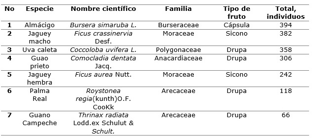 Tabla 2. Especies de plantas del bosque de vegetaci�n de costa arenosa utilizadas como fuente de alimentaci�n por la cotorra en el per�odo de enero de 2014 a junio de 2016.