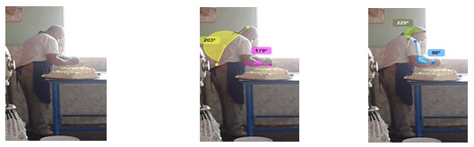 Figura 1. 1a. Fotograf�a individual al trabajador durante la jornada laboral. 1b. Fotograf�a individual con los �ngulos correspondientes de la espalda y el antebrazo. 1c. Fotograf�a individual con los �ngulos correspondientes de cabeza y el brazo.