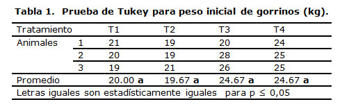 Prueba de Tukey para peso inicial de gorrinos (kg).