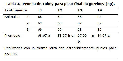 Prueba de Tukey para peso final de gorrinos (kg).