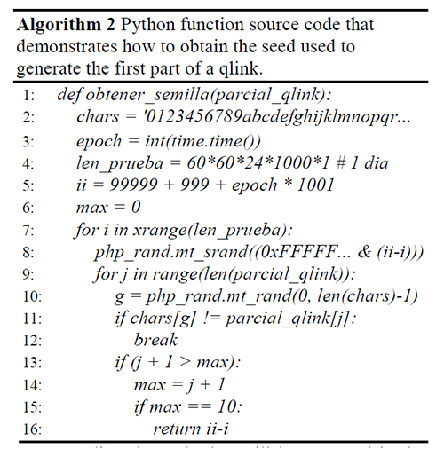 Python function source code that demonstrates how to obtain the seed used to generate the first part of a qlink.