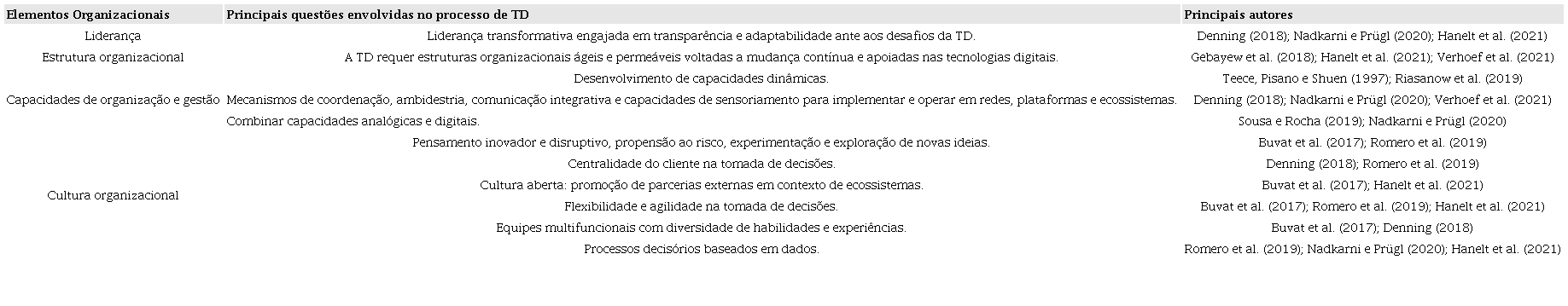 Elementos da Transformação Digital de ordem organizacional