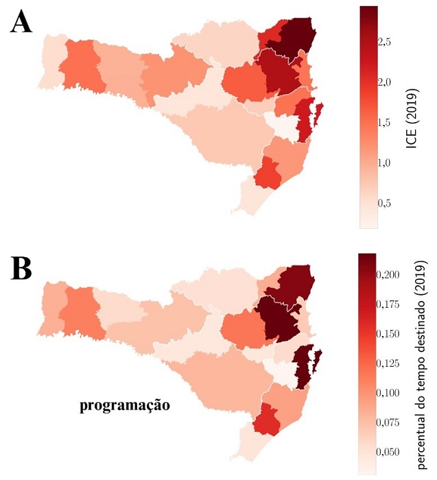 Distribuio espacial de complexidade econmica (A) e a habilidade de programar (B) nas microrregies catarinenses.