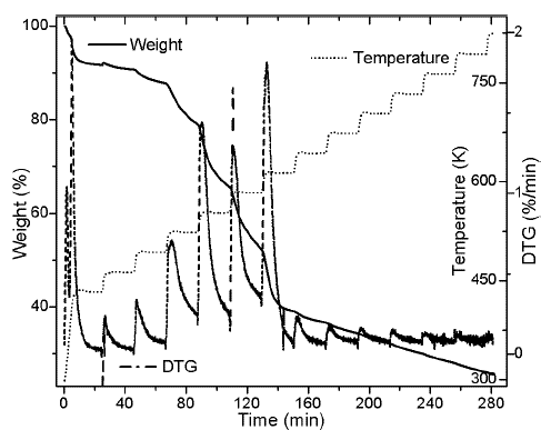 TG and DTG curves for the step heating program of palm kernel shell. 