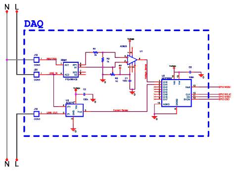 Simplified schematic of DAQ stage of Smart Power-Meter. 