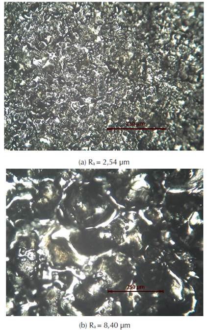 Surfaces roughness micrograph (a) Ra = 2,54 pm and (b) Ra = 8,40 pm.