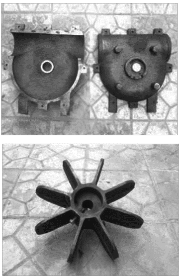 Experimental turbine after machining and cleaning. In the left: Shell of the turbine, in the right: the wheel of the turbine.