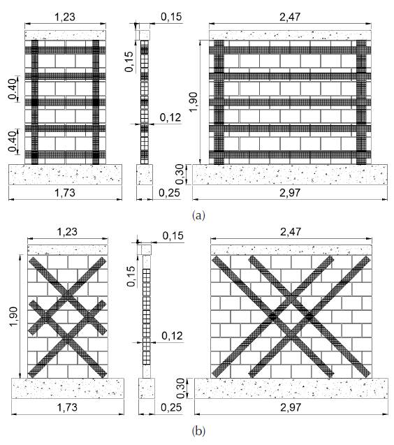 Dimensions (m) and reinforcement: (a) Slender and squat grid-walls; (b) Slender and squat diagonal-walls.