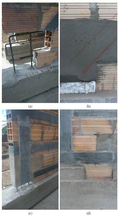 Construction process of the anchoring system: (a) removed masonry units and hooked steel bars; (b) placed grout block with bottom gap; (c) installed FRP strip wrapped around grout block; and (d) additional grout filling the gap.
