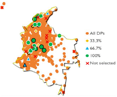 Map of Colombia summarizing the regional warehouses activated in 2015. Scenario 1. The icons with black border are current warehouses, while those with a white border are potential warehouses.