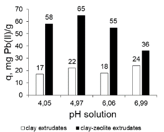 Variation of the adsorption capacity of Pb(II) with changes in pH of the solution.