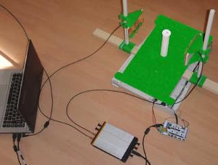 Setup used for the experiment. The enclosed SDR board is shown in the lower part, and the antennas and the specimen are at the top right corner. The laptop controls the board and stores the recordings.
